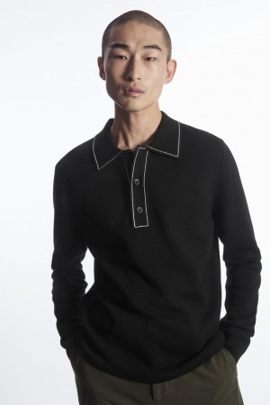 Pánské Polo Triko COS Contrast-Stitch Vlna Černé Bílé | COS Eshop CZ-87296BMOT