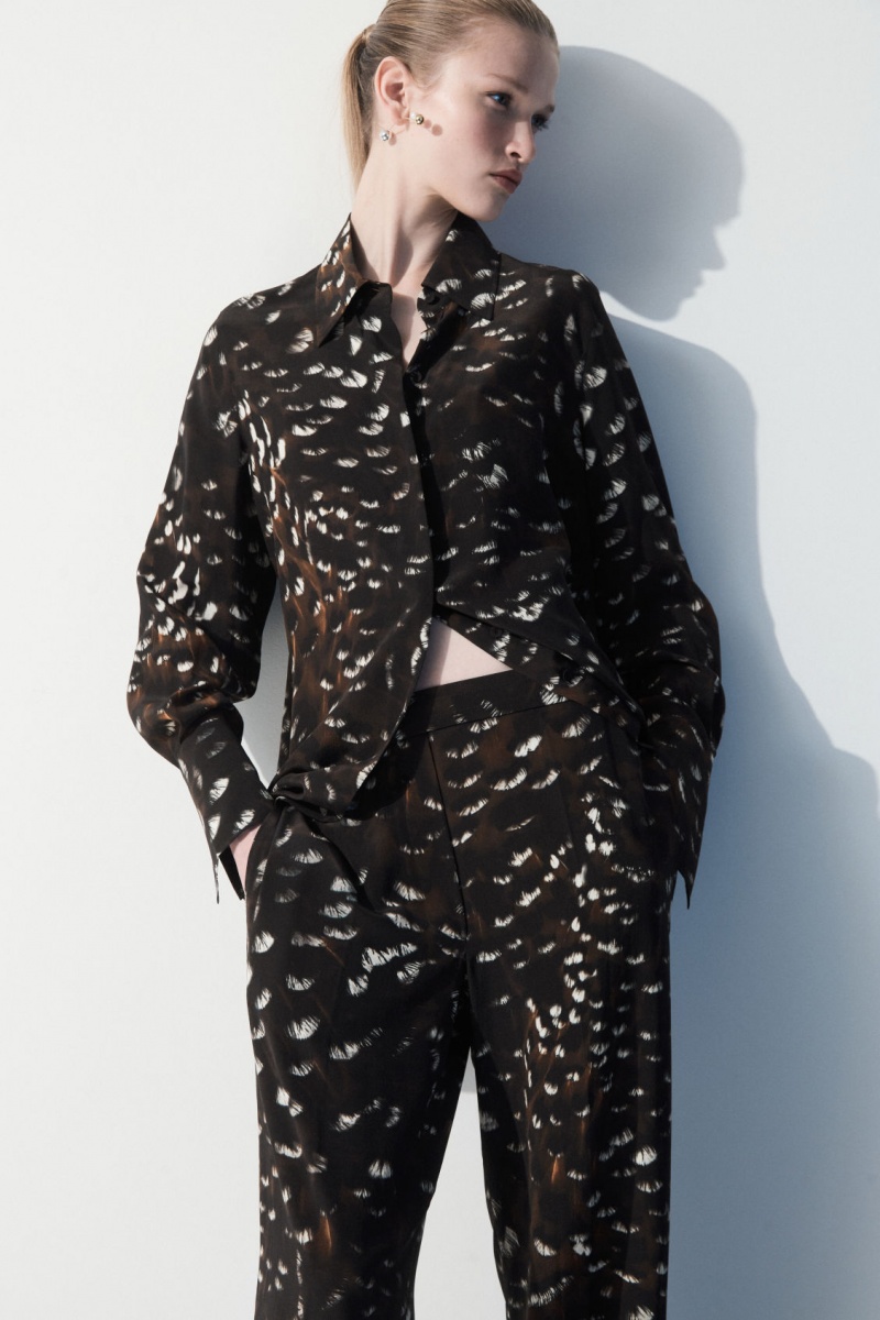 Dámské Kalhoty COS The Feather-Print Silk Černé | COS Eshop CZ-17920JQEP