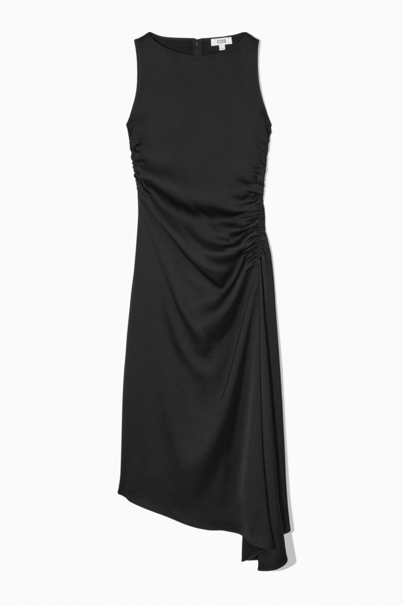 Dámské Šaty COS Asymmetric Gathered Satin Midi Černé | COS Eshop CZ-43625ACMT